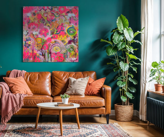 Living room with a brown leather sofa, colorful painting, and plants against a teal wall.