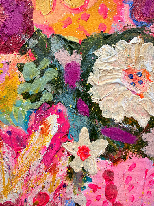 Abstract artwork with colorful flowers and textured surface