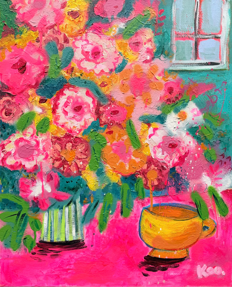 Colorful floral painting with two vases against a bright pink background