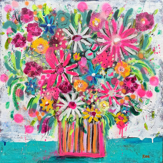 Colorful abstract painting of flowers in a vase with a white background