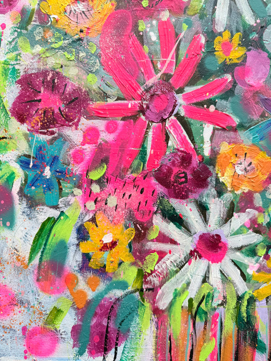 Colorful abstract painting of flowers with vibrant pink, green, and yellow colors.