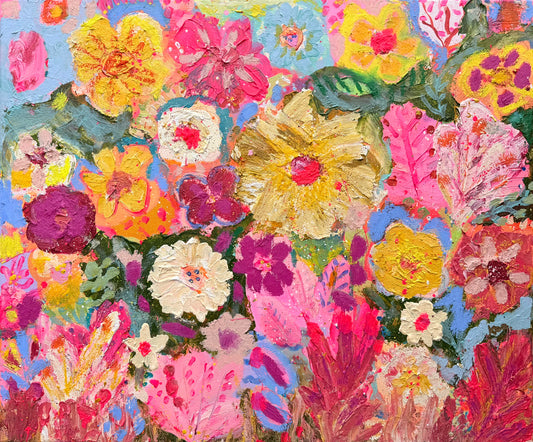 Colorful floral artwork with a variety of flowers in a collage style.