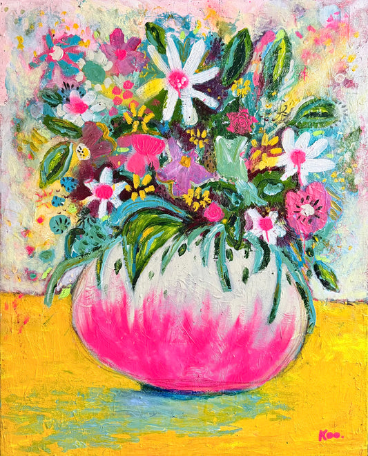 Colorful painting of a bouquet of flowers in a pink vase on a yellow background