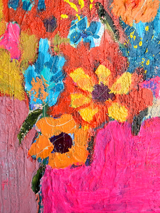 Abstract painting with colorful flowers on a textured background