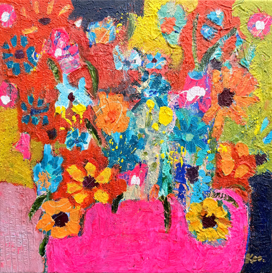 Colorful floral painting with a pink vase on a textured background