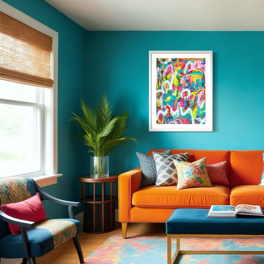Colorful living room with orange sofa, pink chair, and blue walls.