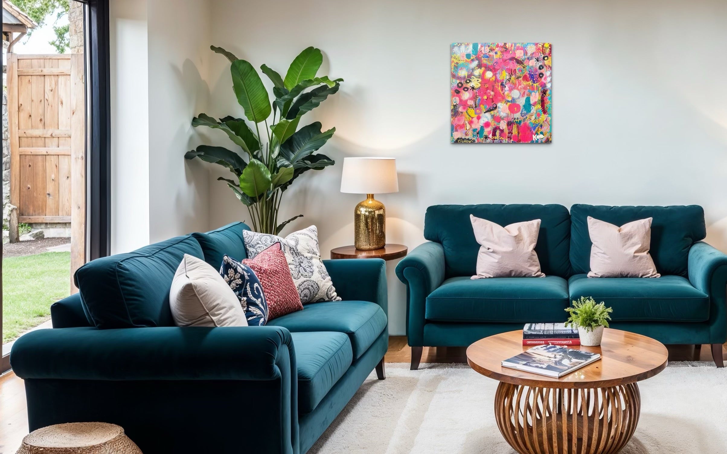 Modern living room with teal sofas, a coffee table, and decorative elements.